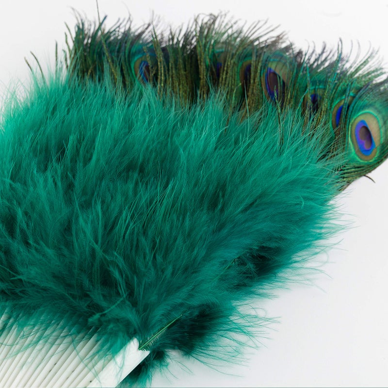 BABEYOND Roaring 20s Vintage Style Peacock & Black Marabou Feather Fan Flapper Accessories for Costume Halloween Dancing Party Tea Party Variety Show (Dark Green-White Rib) - Image 5